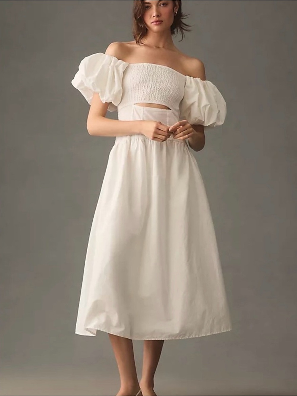 Moon River White Off-Shoulder Puff Sleeve Midi Dress - Small